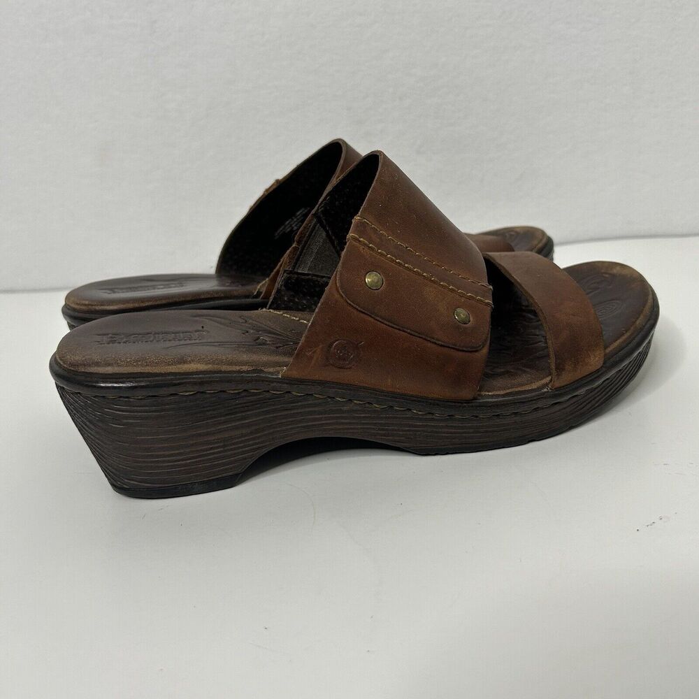 Born Brown Strappy Peep Toe Wedge Slip On Mules Sandals Size 8 EU 39 - Picture 2 of 8